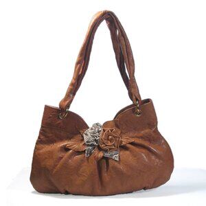 Paolo Masi Double Handed Italian Leather Floral Shoulder Bag - Camel